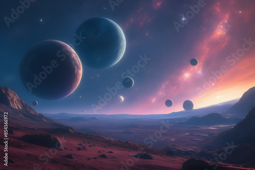 space illustration featuring distant galaxies, planets, and stars in a vibrant cosmic setting. This realistic, cinematic sci-fi artwork captures the vastness and beauty of the universe
