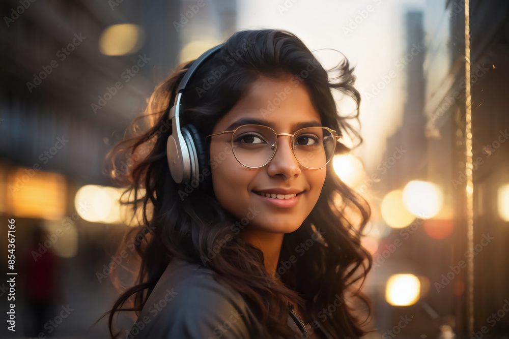 Close-up photo of a young Indian smiling female student wearing headphones and glasses standing outside in the city and looking away Close-up photo of a young Indian smiling female student wearing headphones and glasses standing outside in the city and looking away