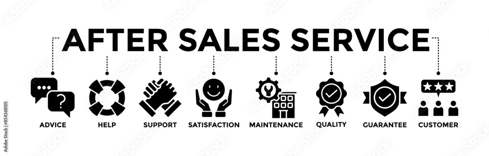 After-sales service banner icons set. Vector graphic glyph style with icon of advice, help, support, satisfaction, maintenance, quality, guarantee, customer After-sales service banner icons set. Vector graphic glyph style with icon of advice, help, support, satisfaction, maintenance, quality, guarantee, customer