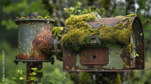 Moss-covered rusty mailbox, abandoned propane holding in the background, desolate town setting