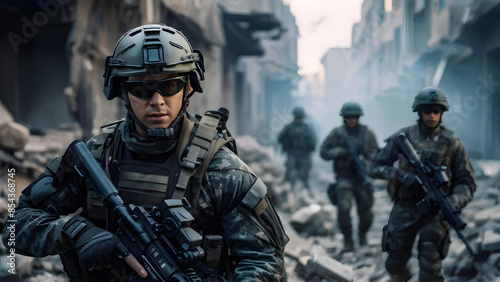 Soldiers equipped with augmented reality helmets engage in combat in a ruined city