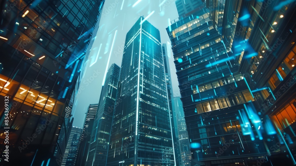 Double exposure of modern skyscrapers in business district Double exposure of modern skyscrapers in business district