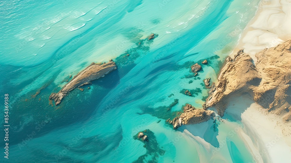 Obraz premium Aerial View of Pristine Turquoise Waters and Sandy Beach with Rocky Outcrops