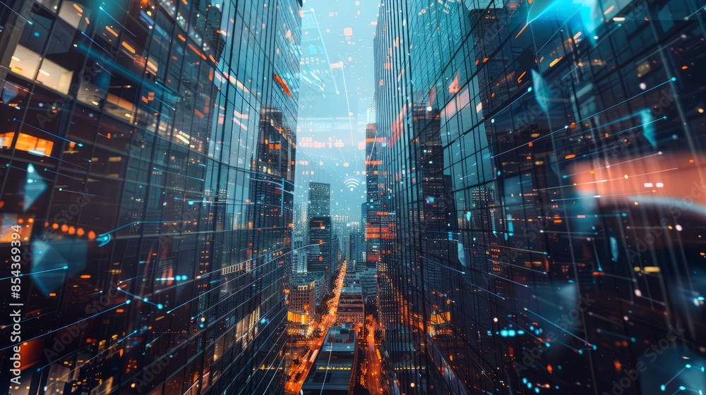 Double exposure of modern skyscrapers in business district Double exposure of modern skyscrapers in business district