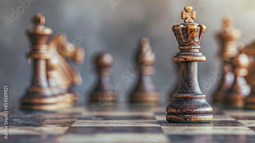 vintage chess Pieces on chess board against blurred concreate wall background with copy space.