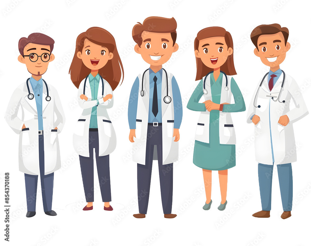 Smiling group of doctors style cartoon characters isolated. Multinational medicine workers collective, diverse medical team, Smiling group of doctors style cartoon characters isolated. Multinational medicine workers collective, diverse medical team,