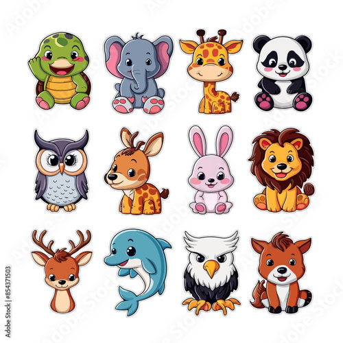 Different animal collection in sticker style,Cute animal stickers. Smiling adorable animals faces, kawaii sheep and funny chicken cartoon vector illustration set