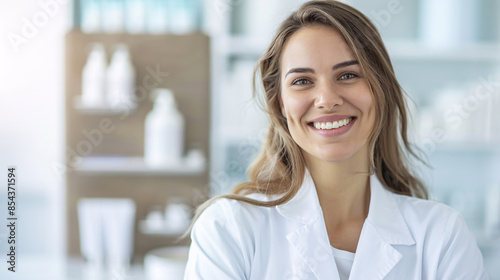 Smiling female doctor in a white lab coat with shelves of products in the background. Free Download Smiling female doctor in a white lab coat with shelves of products in the background. - GFXLoad