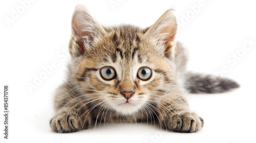 Beautiful purebred kitten in horizontal portrait isolated on white background photo