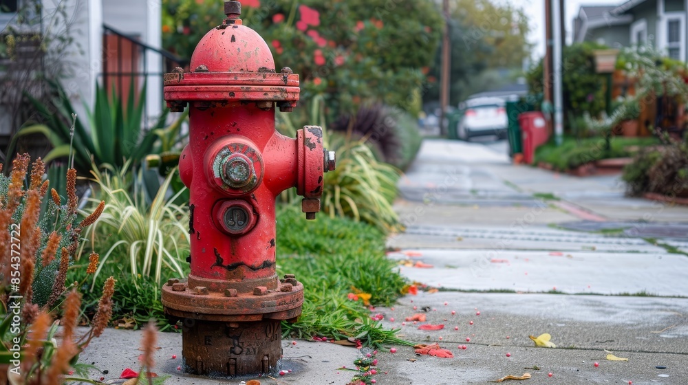 Bold red fire hydrant on the curb of a residential side street, charming houses and gardens in the backdrop Bold red fire hydrant on the curb of a residential side street, charming houses and gardens in the backdrop