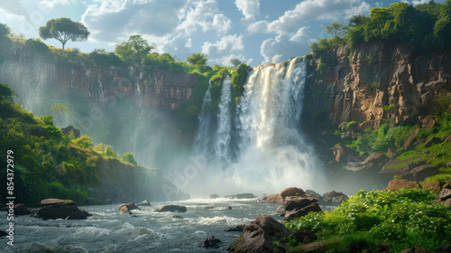 Majestic Waterfall Surrounded by Lush Vegetation and Dramatic Clouds in a Serene Natural Landscape with Cascading Waters and Mist Creating a Tranquil and Refreshing Atmosphere