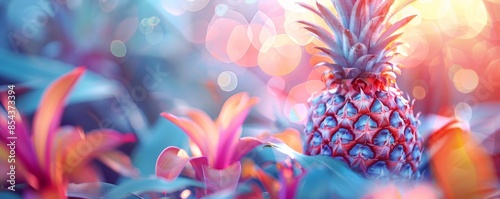 Colorful tropical pineapples with vibrant pink flowers in a dreamy, soft-focus garden setting. photo