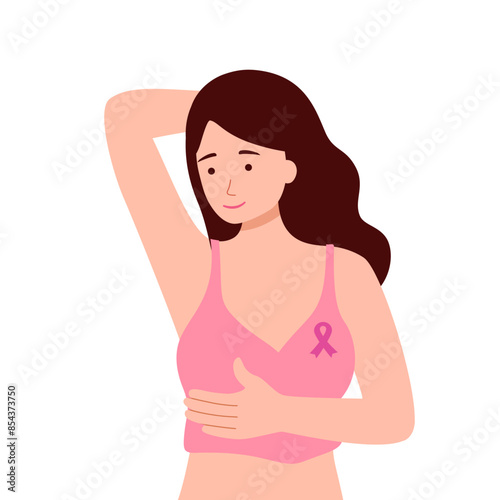 Self-examination for breast cancer in flat design on white background.