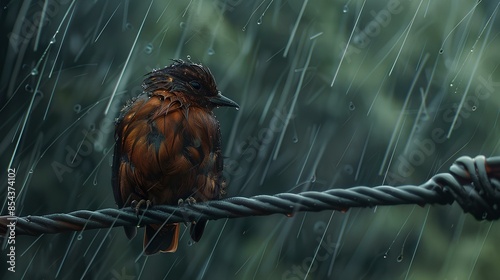 A virtual bird with ruffled, wet feathers perched on a wire, looking miserable as heavy rain pours down. photo