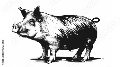 A retro style cartoon drawing of a Middle White pig captured in profile on a white background exquisitely rendered in black and white photo