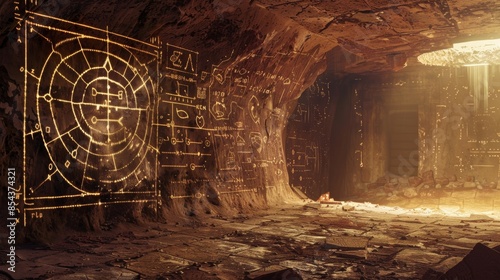 An underground cave with walls covered in ancient symbols and diagrams depicting the elusive magnetic monopoles. photo