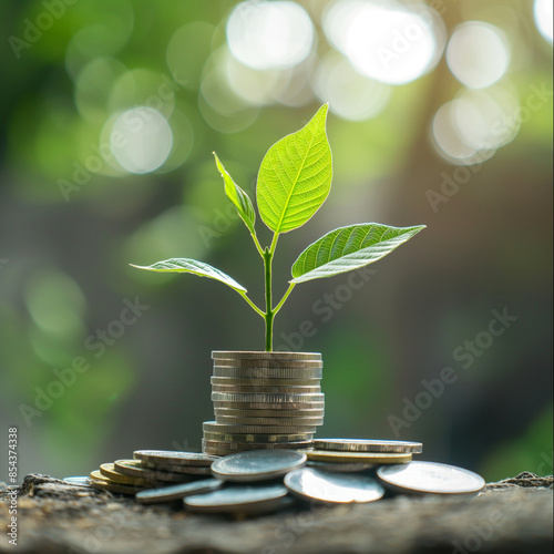 a young plant growing out of a stack of coins,  investment and growth concept