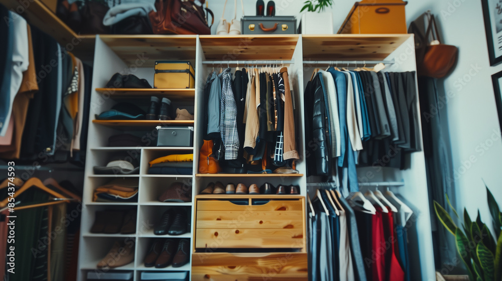 A well-organized, spacious modern wardrobe system with a variety of boxes and containers, perfect for stylish and functional home organization and storage solutions. A well-organized, spacious modern wardrobe system with a variety of boxes and containers, perfect for stylish and functional home organization and storage solutions.