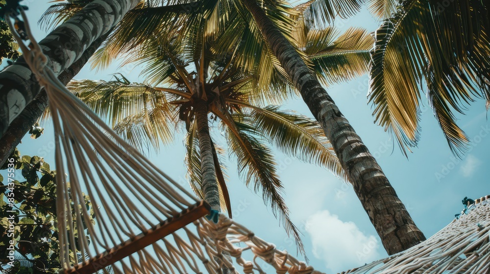 Fototapeta premium Hammock swinging under shady palm trees --chaos 10 --ar 16:9 Job ID: efde9d1b-dc00-4bf1-a722-647c294c0279