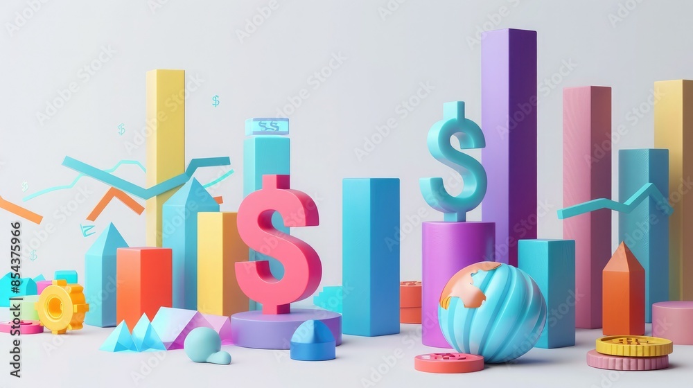 Colorful 3D bar chart and graphs with dollar symbols representing financial data, analysis, and business growth on a white background. Colorful 3D bar chart and graphs with dollar symbols representing financial data, analysis, and business growth on a white background.