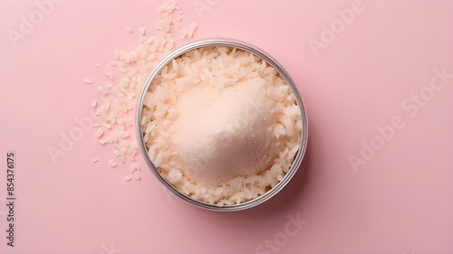 Makeup brush with rice loose face powder on light pink background, top view.