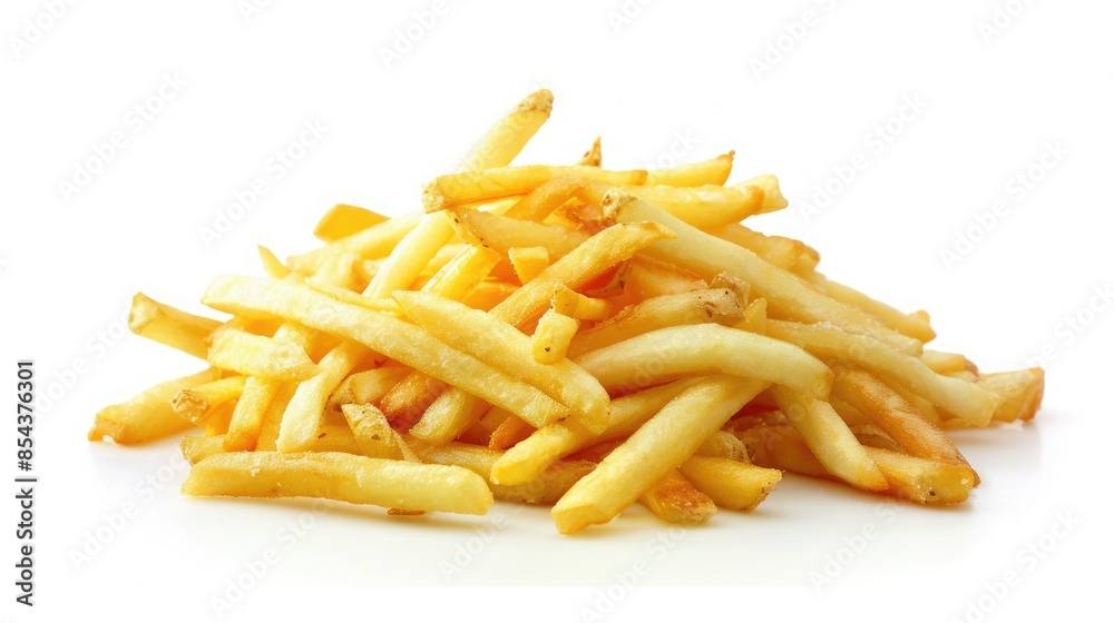 Crispy golden French fries piled up on a white background. Perfect for fast food or snack-related concepts and advertising. Crispy golden French fries piled up on a white background. Perfect for fast food or snack-related concepts and advertising.