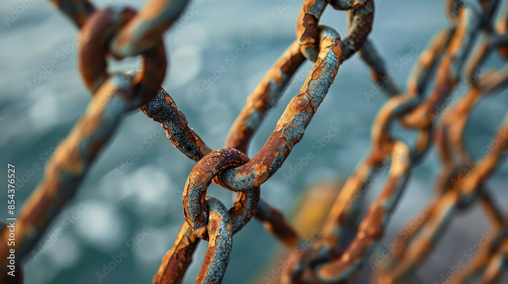 Close-up shot of a secure mesh gate with a rusted chain, focusing on the fine mesh and rusty texture Close-up shot of a secure mesh gate with a rusted chain, focusing on the fine mesh and rusty texture