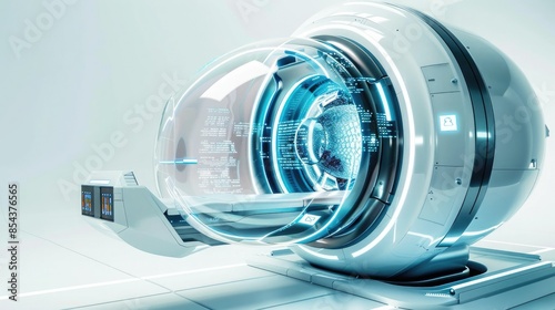 Futuristic medical scanning device in a clean, high-tech environment. Perfect for illustrating advanced healthcare technology and innovation.
