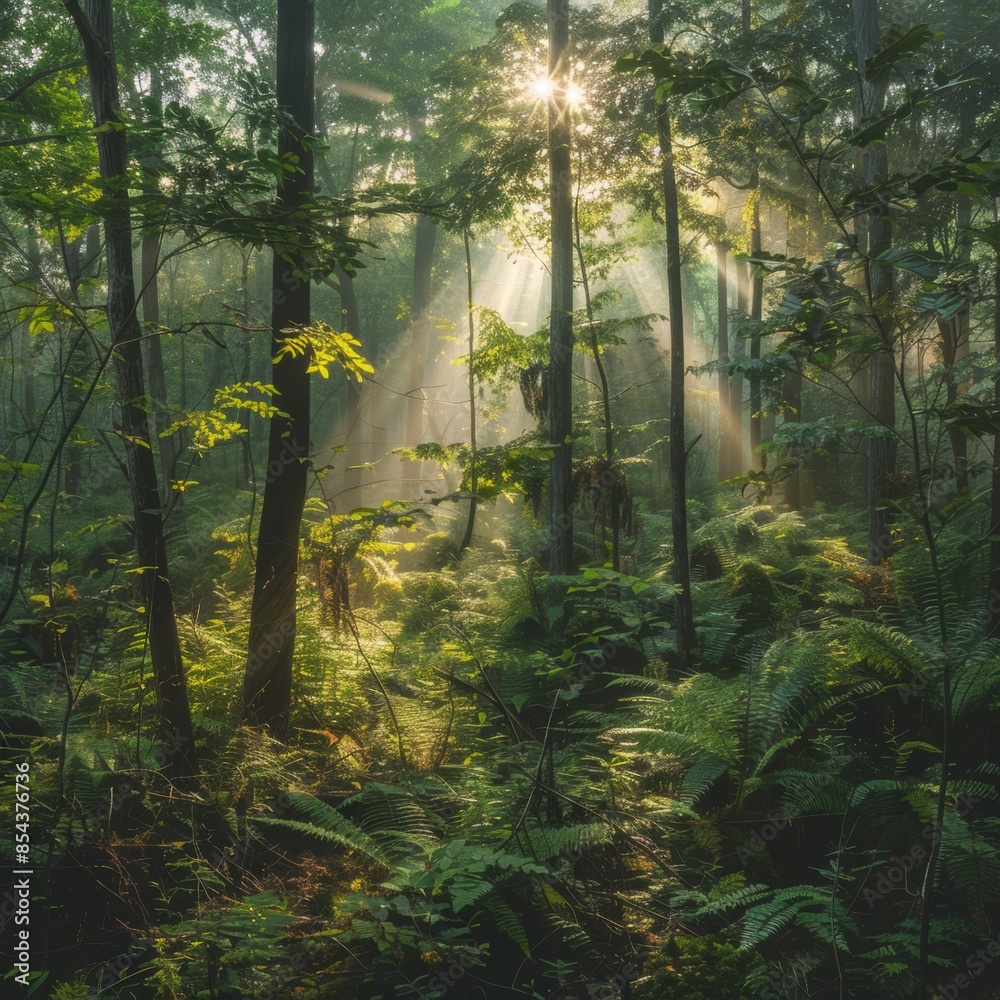Fototapeta premium A healthy forest teeming with life, absorbing carbon dioxide and releasing fresh oxygen.
