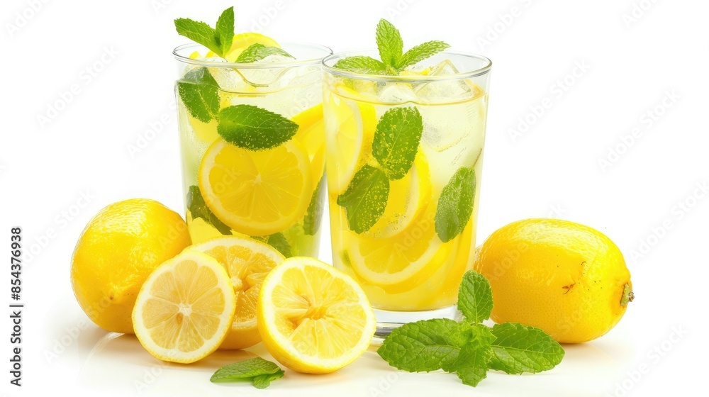 Refreshing lemonade with fresh lemon slices and mint leaves in glasses, perfect for a summer drink or cool beverage concept. Refreshing lemonade with fresh lemon slices and mint leaves in glasses, perfect for a summer drink or cool beverage concept.