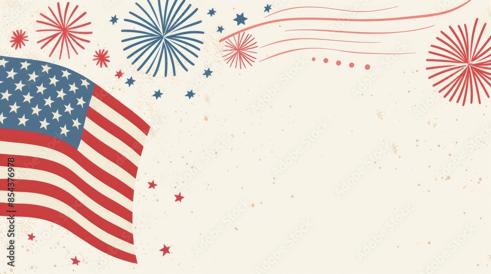 Obraz premium Minimalist Fourth of July celebration with American flag and fireworks. 
