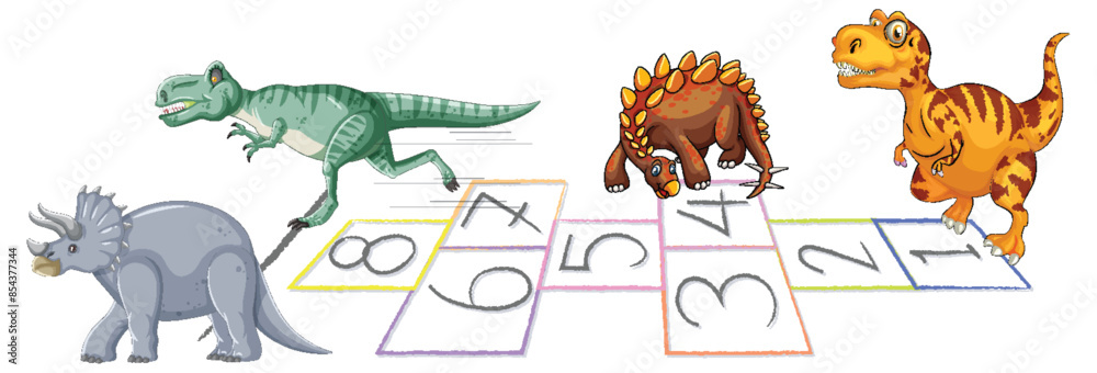 Obraz premium Dinosaurs enjoying a game of hopscotch