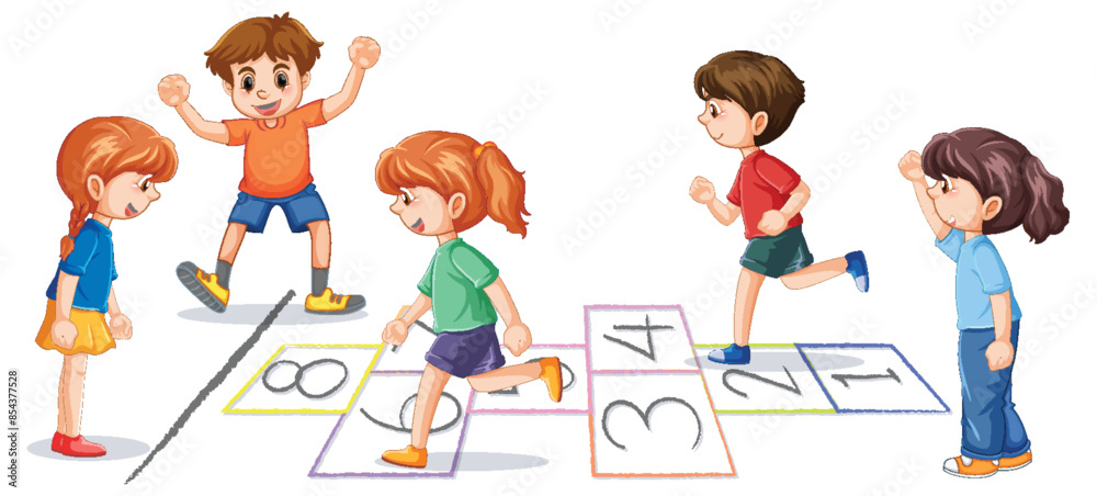 Kids enjoying hopscotch game on a sunny day Kids enjoying hopscotch game on a sunny day