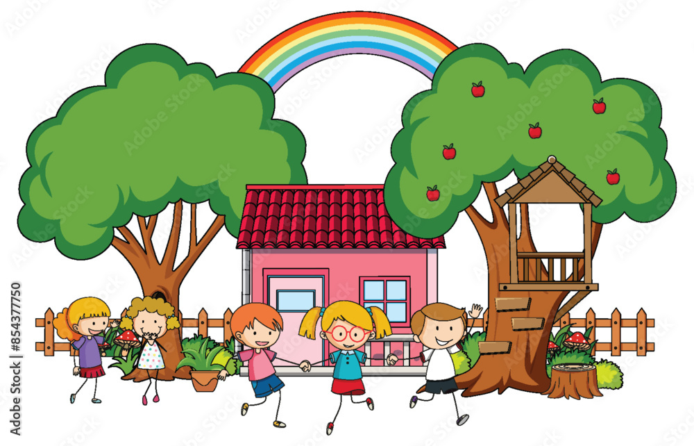 Kids enjoying outdoors near a treehouse Kids enjoying outdoors near a treehouse