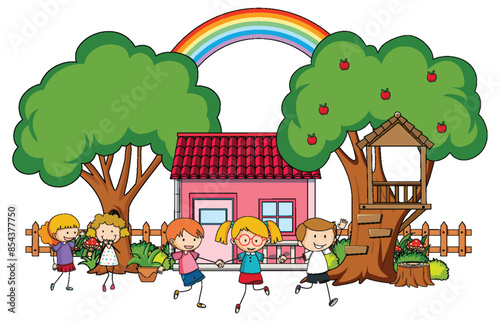 Kids enjoying outdoors near a treehouse