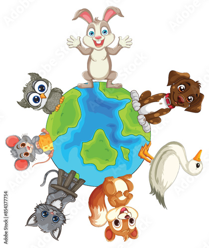 Cute animals surrounding a globe illustration