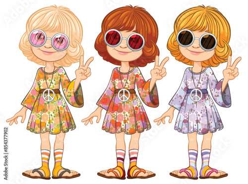 Three girls in colorful hippie outfits