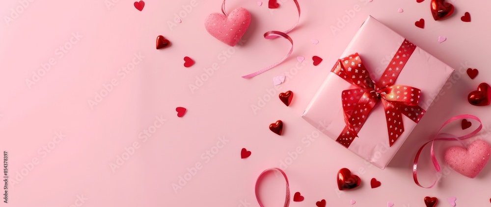 Elegant Valentine's Day Banner Concept with Gift Box on Pink Background, Flat Lay Top View, Featuring Soft Lighting for Romantic and Festive Design Themes
