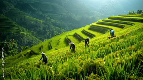 Rice paddies being harvested by hand in a lush green landscape, photo