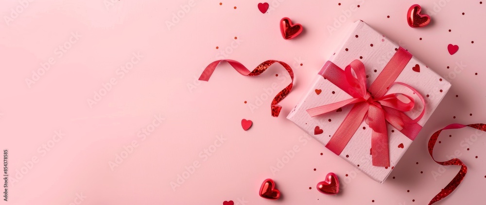 Elegant Valentine's Day Banner Concept with Gift Box on Pink Background, Flat Lay Top View, Featuring Soft Lighting for Romantic and Festive Design Themes Elegant Valentine's Day Banner Concept with Gift Box on Pink Background, Flat Lay Top View, Featuring Soft Lighting for Romantic and Festive Design Themes