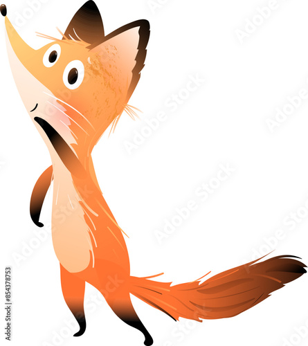 Cartoon illustration of a cute curious fox character. Funny little fox forest animal character for children story. Vector hand drawn graphics for kids, isolated clip art.