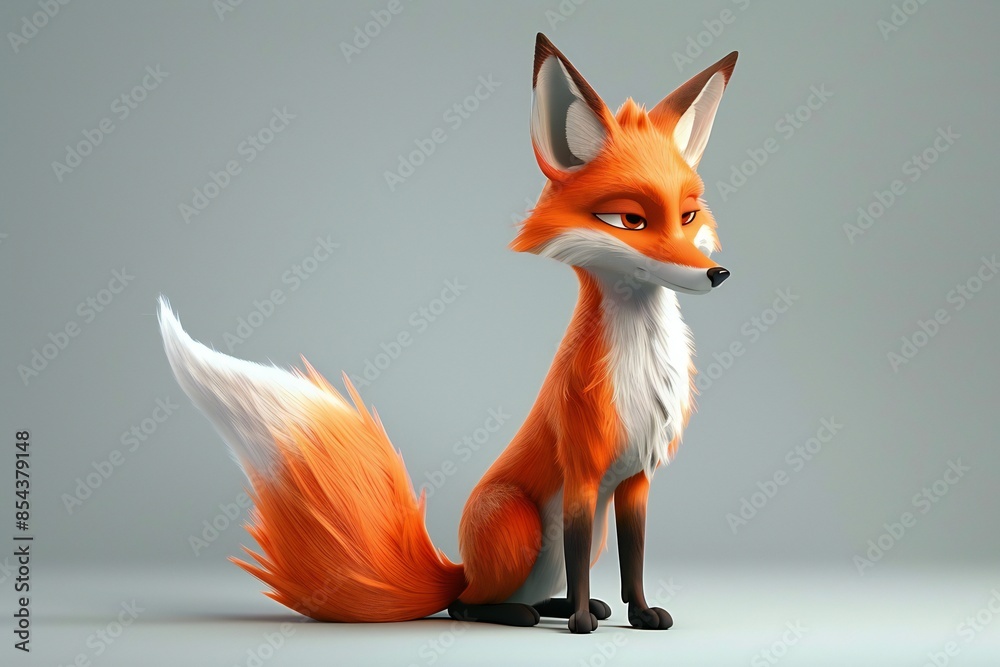 Fototapeta premium Cartoon fox with red fur and a bushy tail on a monochrome background in 3D style , genetated by ai