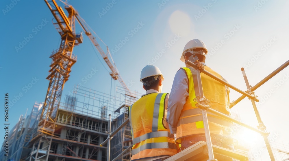 Two construction workers in hard hats and safety vests stand on a scaffolding, looking at a building under construction. Two construction workers in hard hats and safety vests stand on a scaffolding, looking at a building under construction.