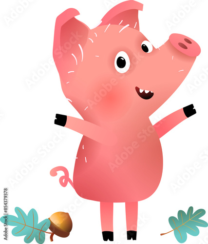 Cartoon illustration of a hilarious pig piggy standing happy. Funny emotional domestic piglet animal character for children. Vector hand drawn graphics for kids education, isolated clip art.