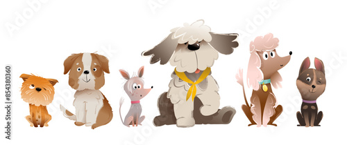 Collection of different purebred dogs sitting together, bobtail terriers Chinese crested dog. Kids best friends puppy collection. Domestic animals vector clipart cartoon set for children.