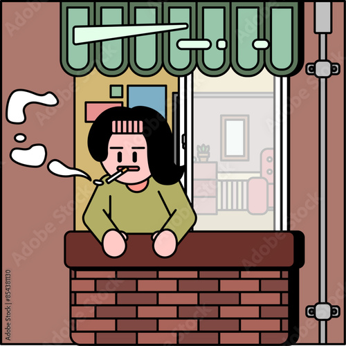 담배피는 사람(건물+베란다+창틀+창문)