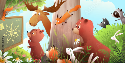 Cute kids animals in forest school lesson under big tree, bear at blackboard. Bear, moose, squirrel, fox and bunnies studying math. Vector cartoon for children preschool, elementary education.