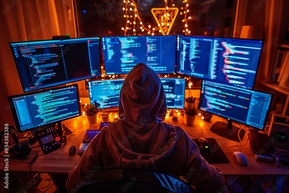 A man is sitting in front of a computer with monitors and a hoodie on. The room is dimly lit, and the man is working on a computer A man is sitting in front of a computer with monitors and a hoodie on. The room is dimly lit, and the man is working on a computer