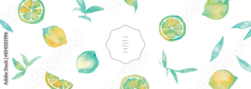 水彩画。水彩タッチのレモンベクターイラスト。夏のレモン背景。夏のレモンフレーム。Watercolor painting. Lemon vector illustration with watercolor touch. Summer lemon background. Summer lemon frame.