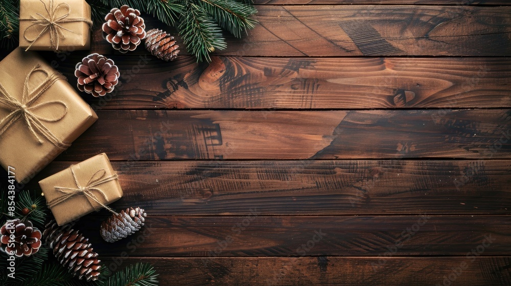 Christmas decoration with pine tree on wooden background presents on table top view space for text